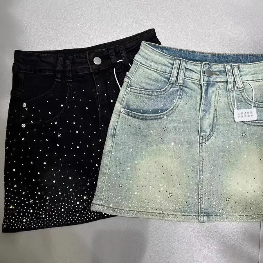 Bxoxo Starry Hot Rhinestone Denim Skirt for Women 2024 Summer New Retro Slimming a-Line Sheath Denim Skirt