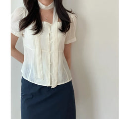 Bxoxo Summer ort Sve irt Single Button Square Collar Tie Design Casual Sle Pure Color Polyester Fiber 00%