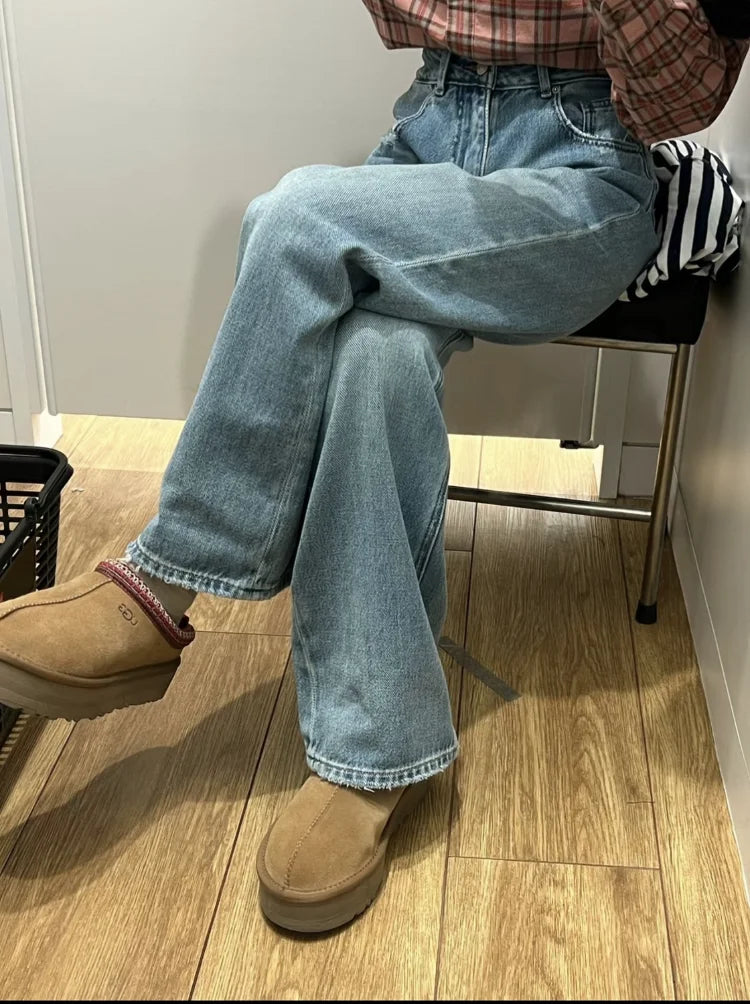 Bxoxo Streetwear Female Trousers Wide Leg Jeans for Women Blue High Waisted Jeans Women's Denim Pants Y2k Women's Clothing
