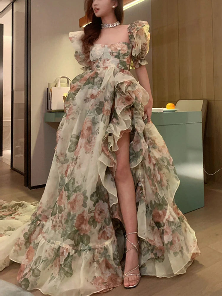 Bxoxo Summer Even Floral Dress Women Casual Short Sleeve Long Dress Office Lady Birthday Party Formal Dress Korean Holiday Chic