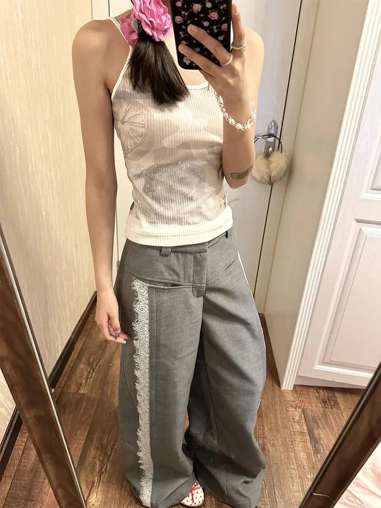 Bxoxo Y2k Gray Lace Women Suit Pants Vintage Harajuku Patchwork Wide Leg Korean Fashion Baggy Trousers Elegant Casual Sweet