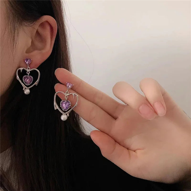 BXOXO Harajuku Vintage Goth Pink Moon Heart Hollow Metal Stud Earrings For Women Egirl Bff Trendy Party Aesthetic Y2K Jewelry