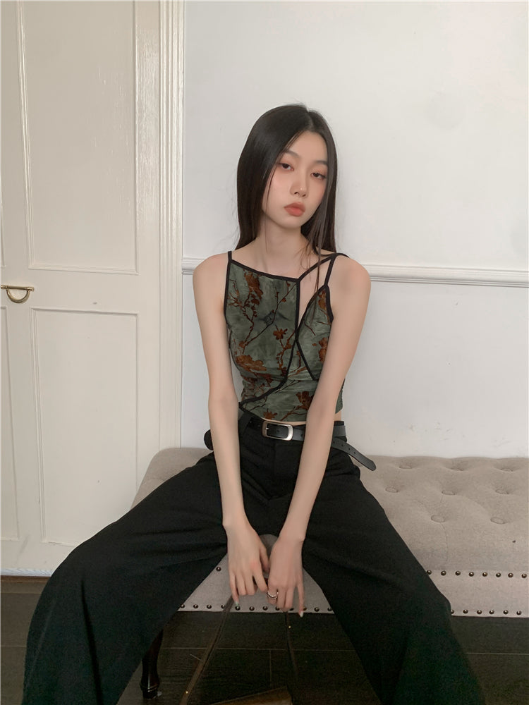 Bxoxo Flocking Floral Vintage Crop Cami Top For Women 2024 Sleeveless Flower Green Tops Designer Clothes Luxury