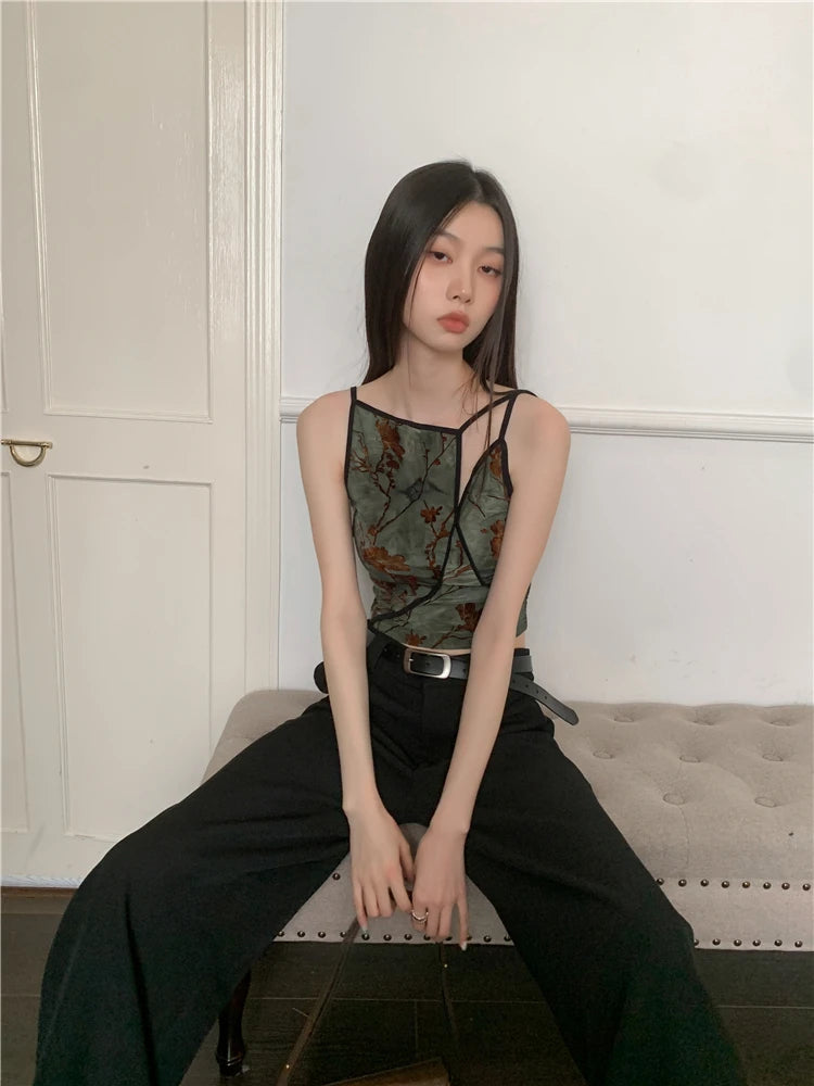 Bxoxo Flocking Floral Vintage Crop Cami Top For Women 2024 Sleeveless Flower Green Tops Designer Clothes Luxury