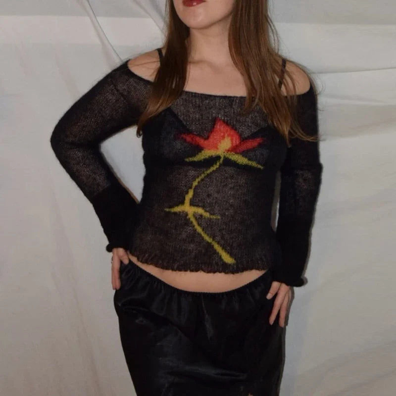 BXOXO Flower Long Sleeve Knitted Crop Tops Aesthetic See Through Sweater Tees 90s Vintage Y2k Gyaru Crop Tops Jumpers Cottage Clothes