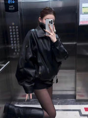 Bxoxo Black Pu Leather Coats Women Y2K Fashion Streetwear Loose Motorcycle Jacket Autumn American Female Lapel All Match Outwear
