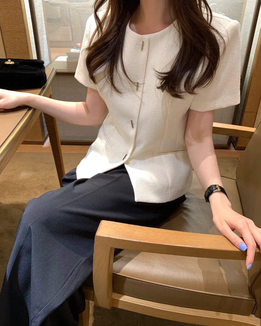 Bxoxo Versatile ort Sve round Ne Outerwear Little Fraance Sle Polyester Fiber Single Button Closure Pure Color Summer Ja...