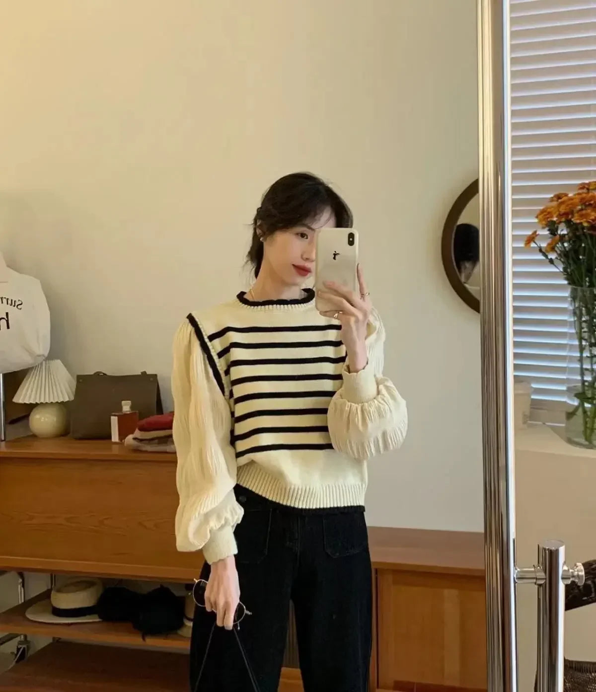Bxoxo women Black and white striped fake two-piece knitted sweaters pring and autumn Korean soft glutinous pullover sweater female