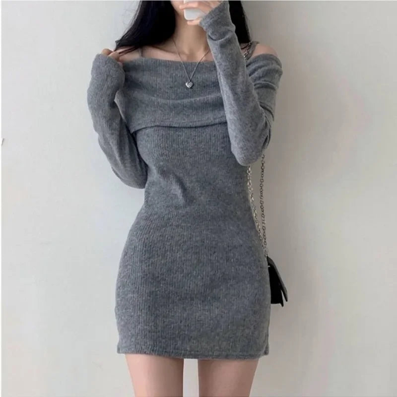 BXOXO Chic Korean Style Knitted Mini Dress Shoulder Baring Scoop Neck Slim Fit Ribbed Short Skirt For Women Autumn Winter Collection