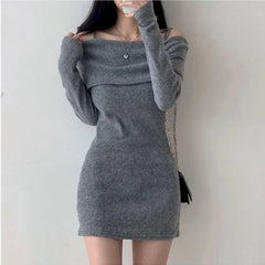 BXOXO Chic Korean Style Knitted Mini Dress Shoulder Baring Scoop Neck Slim Fit Ribbed Short Skirt For Women Autumn Winter Collection