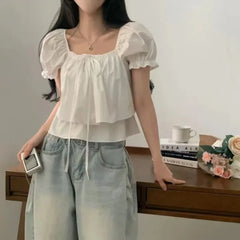 Bxoxo Summer New Sle Double Layered Chiffon irt with Bow Tie Bubble Sve Square Collar ort Sve Women's Faion Top