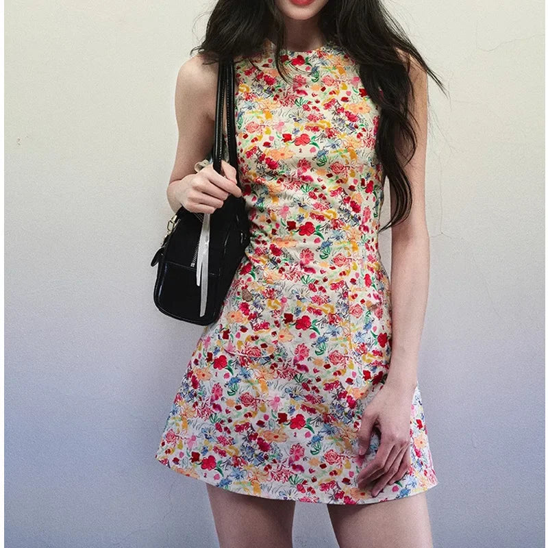 Bxoxo Summer Floral Print Tank Dress Women's round Neck Slim Fit Waist Cinched Sleeveless Mini Skirt Empire Waist Dress