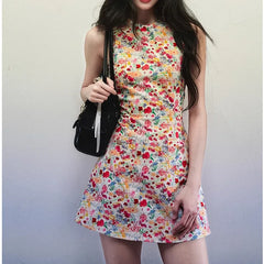 Bxoxo Summer Floral Print Tank Dress Women's round Neck Slim Fit Waist Cinched Sleeveless Mini Skirt Empire Waist Dress