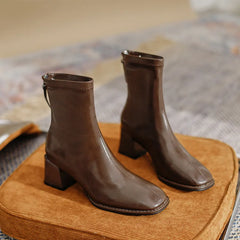 BXOXO Square Toe Women Ankle Boots Flock Stretch Shoes Thin Mid Heels Black/Brown/Beige Back Zipper Dress Sock Boots Woman Size 34-40