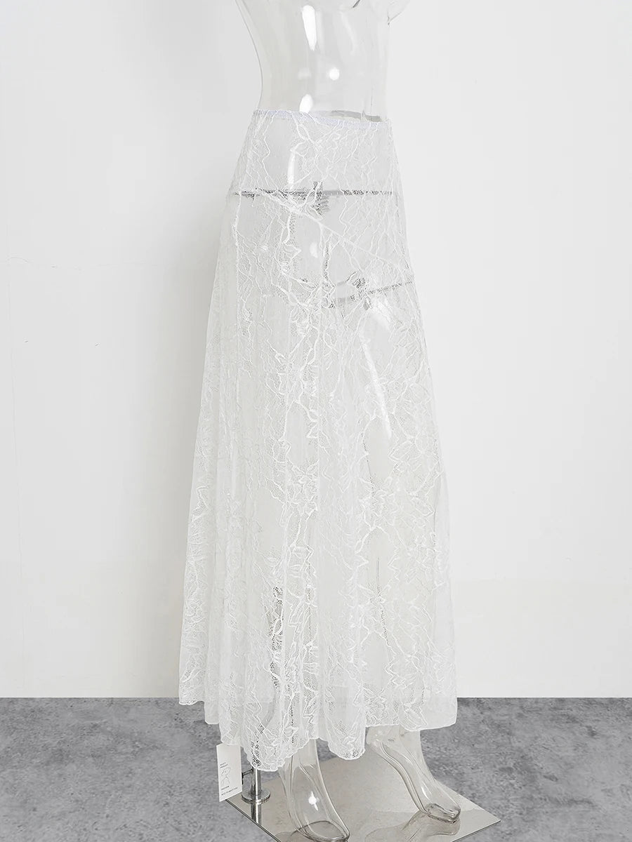 Bxoxo New Jacquard Lace Sheer Long Skirt Women Elastic Waist White Sexy Transparent Maxi Skirts Female Streetwear Fashion Faldas Jupe