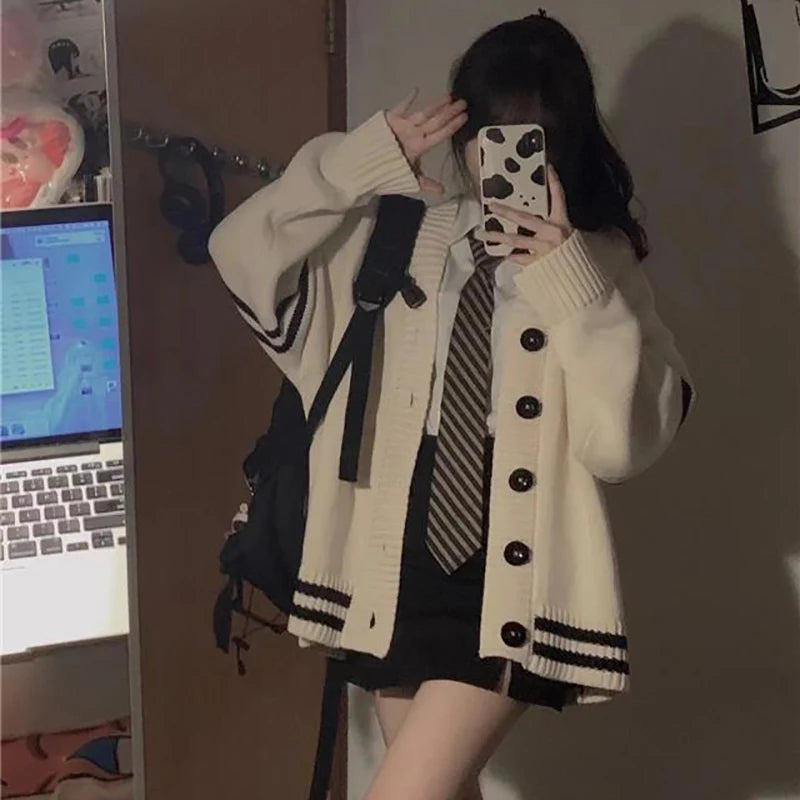 Bxoxo Striped Loose Cardigan Women Y2K Vintage Autumn Winter Single Breasted Sweater Streetwear Casual Korean Female Knitted Coat