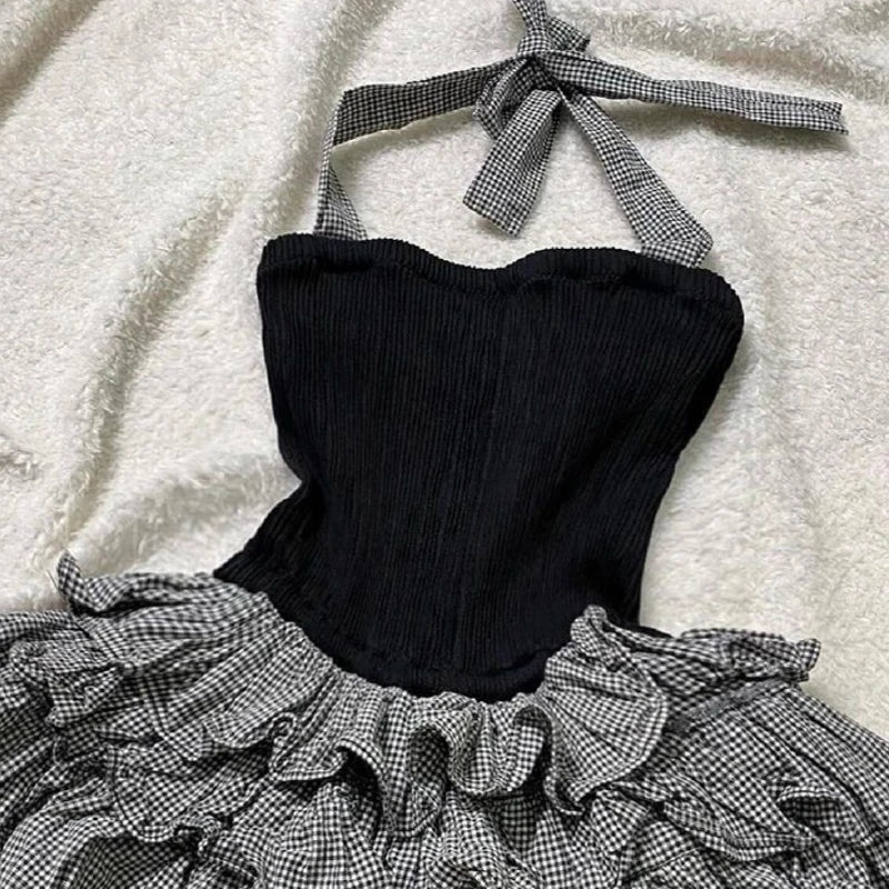 BXOXO New summer sexy style patterned halter neck suspender dress for women with waist slim and fluffy cake skirt