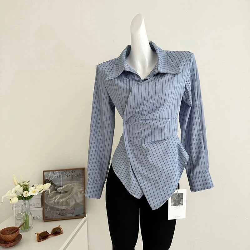 Bxoxo Blue Striped Shirts Women Vintage Elegant Irregular Waist White Blouses Ladies Korean Long Sleeve Chic Buttons Slim Design Tops