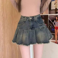 BXOXO Vintage Fringe Design Slimming High-waisted Denim Skirt Women's Mini Dress Plenty Wrinkles For Summer