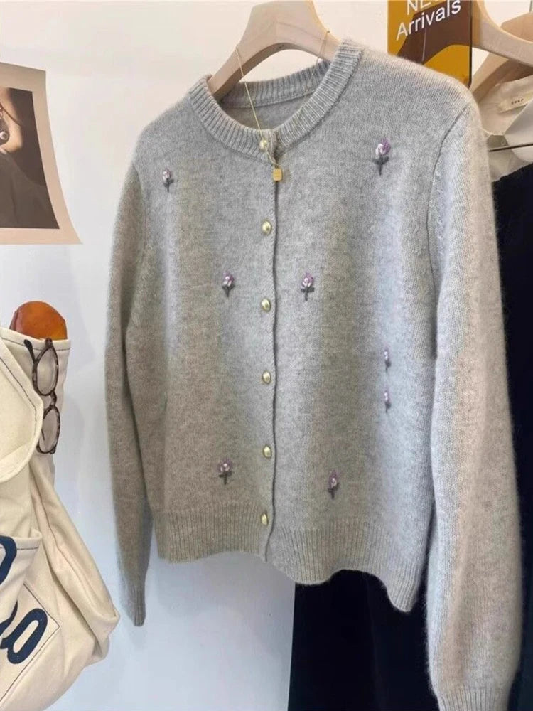 Bxoxo Flower Embroidered Knit Cardigan for Women Autumn Sweet Single Breasted O Neck Warm Sweater Korean Loose Long Sleeve Jumper