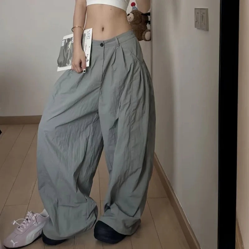 Bxoxo Gary Oversized Women Cargo Pants Wide Leg Elastic High Solid Color Korean Fashion Baggy Trousers Grunge Streetwear
