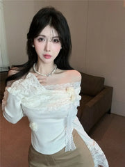 Bxoxo Fashion Slash Neck Women T Shirt Korean Elegant Lace Patchwork Flower Crop Top Sweet Slim Long Sleeve Ladies Base Tees New