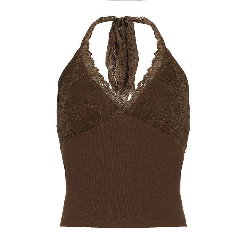 BXOXO Brown Lace Bandage Halter Tank Top Women Grunge 2000s Sleeveless Tees Vintage y2k Skinny V Neck Vest Summer Street Style