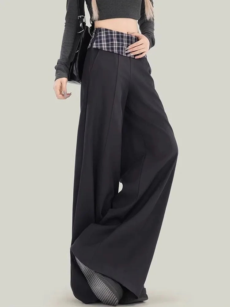 Bxoxo Plaid Patchwork Suit Pant Women Vintage Casual Korean High Waist Trouser Autumn Retro Loose Elegant Black Wide Leg Pant New