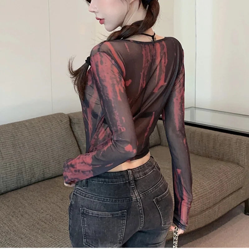 Bxoxo Grunge Crop Tops y2k Clothes Women Tie Dye Print Tie Front V Neck Long Sleeve Mesh T Shirts 2000s Clothing Streetwear