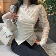 Bxoxo Lace V Neck Slim Shirt for Women Y2K Autumn Chic Crochet All Match Crop Tops Korean Elegant Office Ladies Thick Folds Blouse New