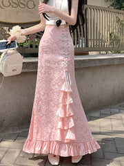 BXOXO Print Vintage Long Skirt Women Casual Ruffles England Sweet Trumpet Skirts Retro Lace Up Elegant Female Design Long Skirt