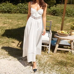 BXOXO Women Hollowed Long Cami Dress with Bow Tie-up Sweetheart Neck Cut Out Back Spaghetti Strap Dress for Daily Party