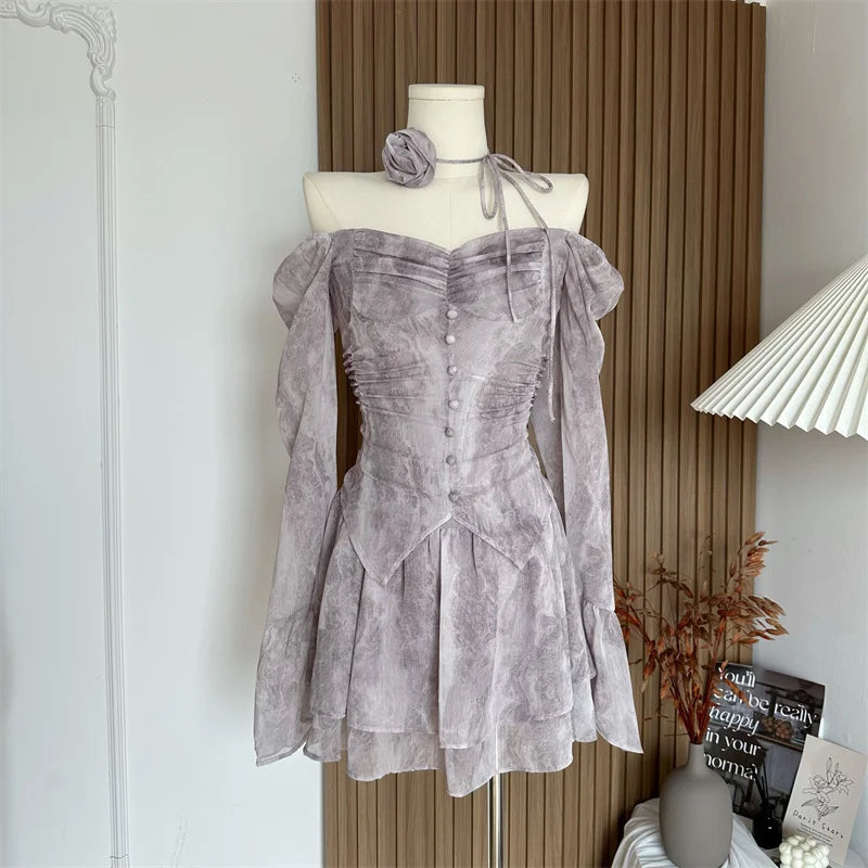 Bxoxo Women A-line Luxury Dress Elegant Long Sleeve Mini Evening Dress Harajuku Vintage 90s Y2k One Piece Frocks 2000s Clothes Autumn