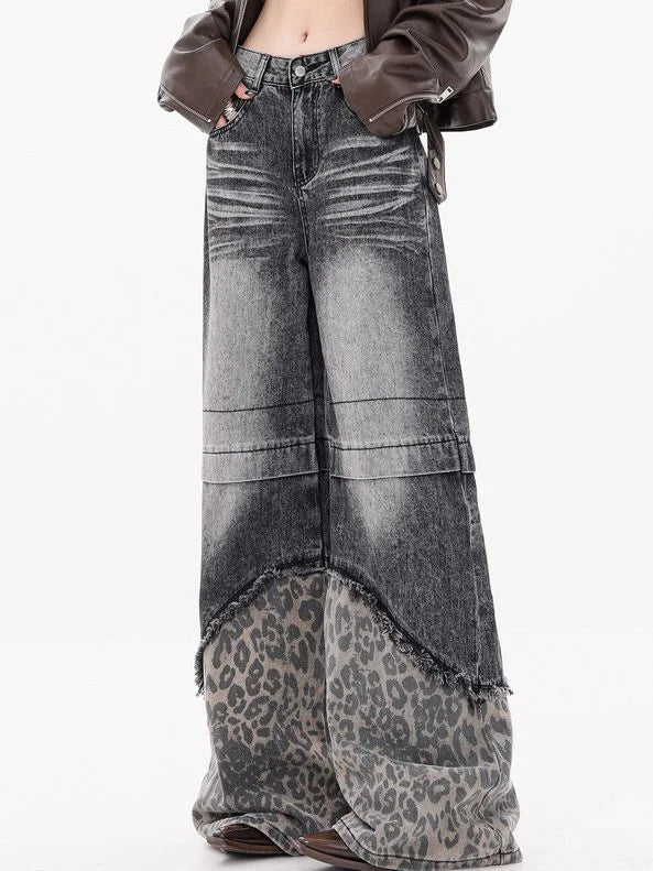 Bxoxo Y2k Vintage Patchwork Leopard Women Jeans Harajuku Washed Wide Leg Korean Fashion Denim Pants Baggy Trousers Streetwear