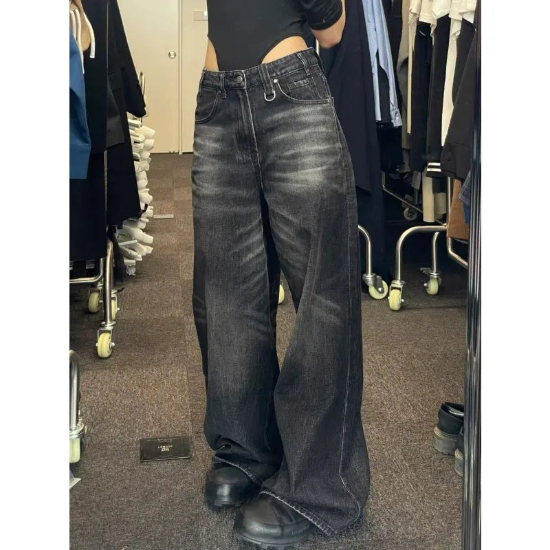 Bxoxo Black Vintage Washed Wide Leg Women's Jeans Y2k Overzised Korean Fashion Denim Pants Baggy Hip Hop Streetwear Gyaru