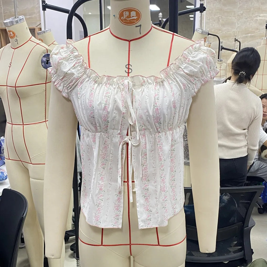 BXOXO Women Y2k Fairy Lace Shirts Cap Sleeve Button Down Lace Patchwork T-Shirts Aesthetic Babydoll Crop Tops Summer Streetwear