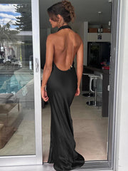 BXOXO Backless Dress Women Halter Swing Collar Sleeveless Skinny Stretch Robe Midnight Sexy Prom Party Elegant Long Bodycon