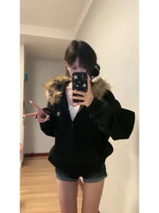 BXOXO Black Zip Up Hoodies Women Vintage Preppy Style Faux Fur Coat Korean Oversized Casual Sweatshirt Harajuku Autumn Winter