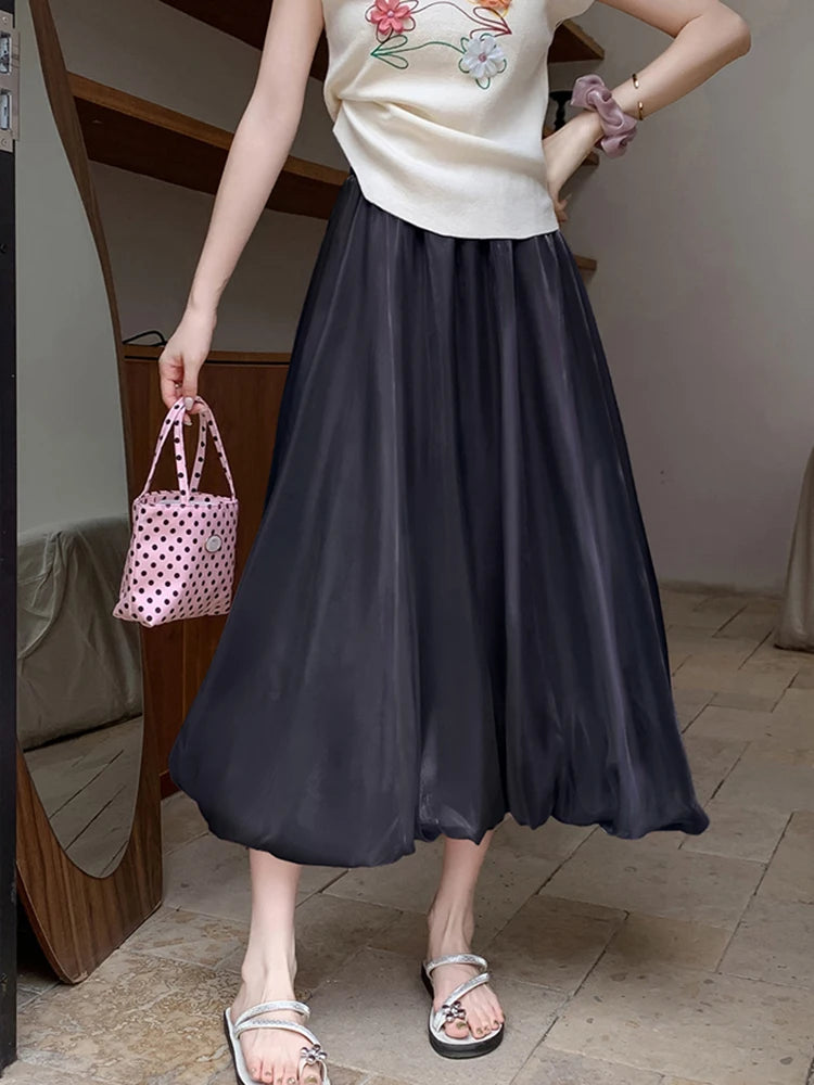 Bxoxo Elegant Stain White Long Skirt Women High Waist Fashion Korean Sweet Skirts Casual Design Summer Gown Ball Long Skirts New