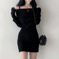 BXOXO Chic Korean Style Knitted Mini Dress Shoulder Baring Scoop Neck Slim Fit Ribbed Short Skirt For Women Autumn Winter Collection