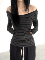 Bxoxo Japanese Basic Slim Long Sleeve Stripe Tee Off Shoulder O Neck Korean Street Style Spring Autumn Y2K Gray T Shirt Women