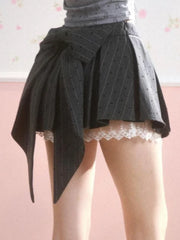 Bxoxo New Gray Pleated Y2k Mini Skirt Women Summer Lace Patchwork Bow Fashion Skirt Lolita Style Striped Dot Print Cutecore Skirt
