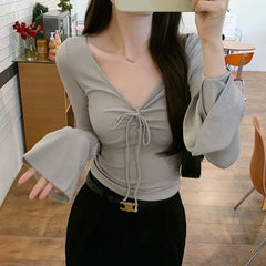 Bxoxo Y2K Fashion Flare Sleeve Women T Shirts Spring Streetwear V Neck Folds Slim Tops Korean Chic Lace Up Ladies Crop Bottoming Tees