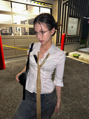 BXOXO Korean Fashion Shirt Women Striped Three Quarter Slim Shirt Y2k Vintage Tops Streetwear Japanese 2000s Retro Shirts