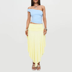 BXOXO Women's Trendy Asymmetrical Skirt Solid Color High Waist Pleated Hem Long Skirt for Travel, Beach, Shopping