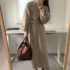 BXOXO Autumn Winter Woolen Coat Women Fashion with Belt Turn Down Collar Warm Overcoat Vintage Brown Long Woolen Jacket Woman