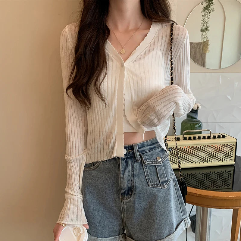 Bxoxo Sun Protection Light Weight Knitted Ice Silk Long Sve Cardigan Women's Slim Fit Summer New Sle Breathable Outerwear T-irt