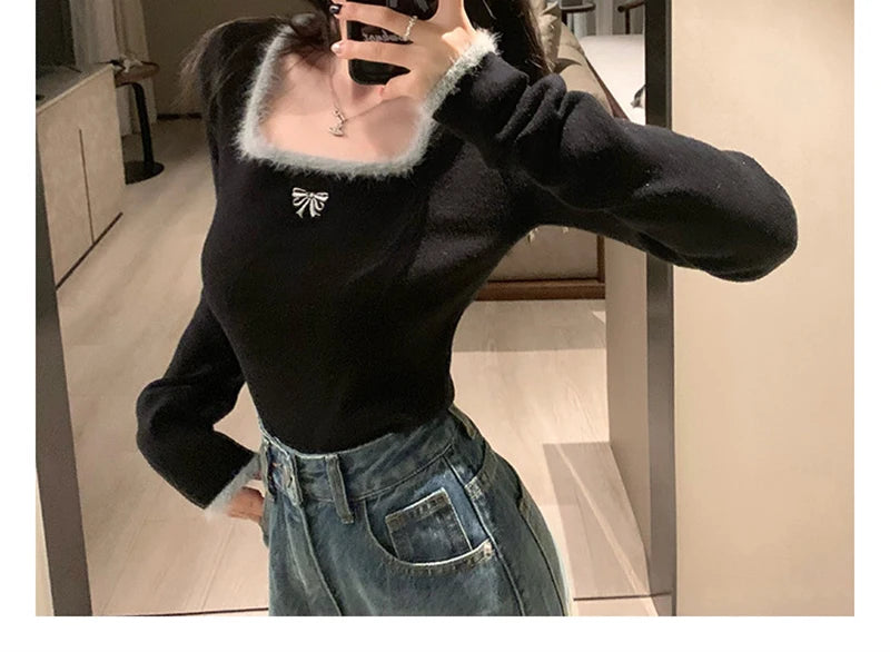 Bxoxo Women Butterfly Embroidered T-shirts Square Neck  Long Sleeve Patchwork Y2K T-Shirts Casual Tees Women Autumn Winter