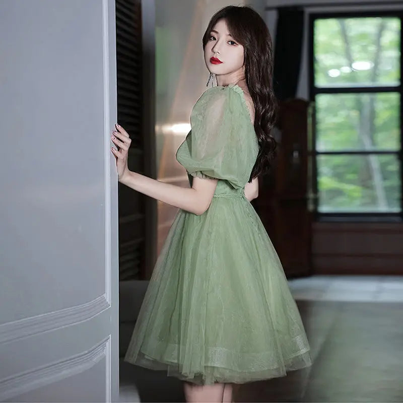 BXOXO Green Sweat Puff Sleeve Lady Girl Women Princess Bridesmaid Banquet Party Ball Prom Short Dress Gown Sexy Bandeau Backless Club