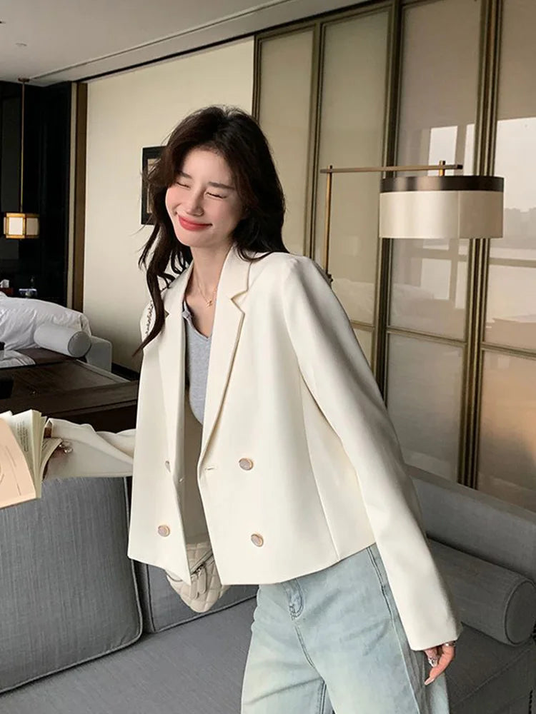Bxoxo Elegant White Blazer Women Slim Long Sleeve Korean Sweet Suit Coat Casual Fashion Fall Double Breasted Female Chic Short Outwear